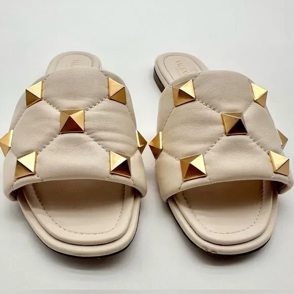 Valentino Garavani Roman Stud Flat Sandals White Leather Studded Slides EU 38.5 - Picture 3 of 13